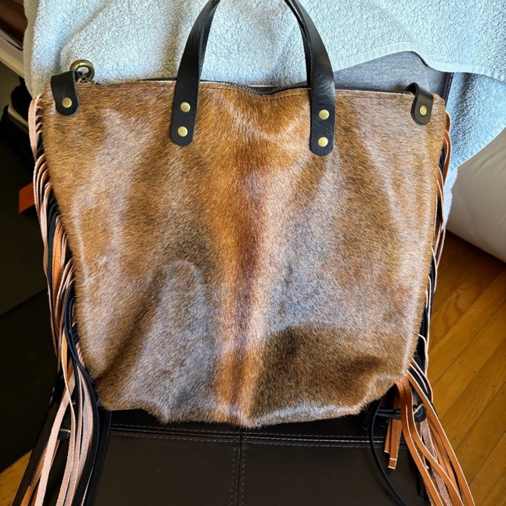Brown and Black Leather Fringe Tote Bag
